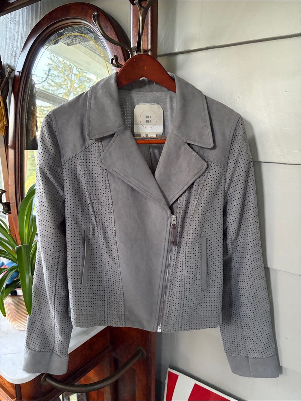 Anthropologie Hei Hei Women's Gray Suede Perforated Moto Jacket